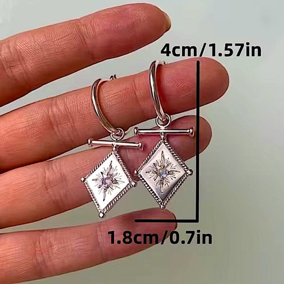 Silver North Star Starburst Zircon Dangle Drop Earrings - Picture 6 of 6